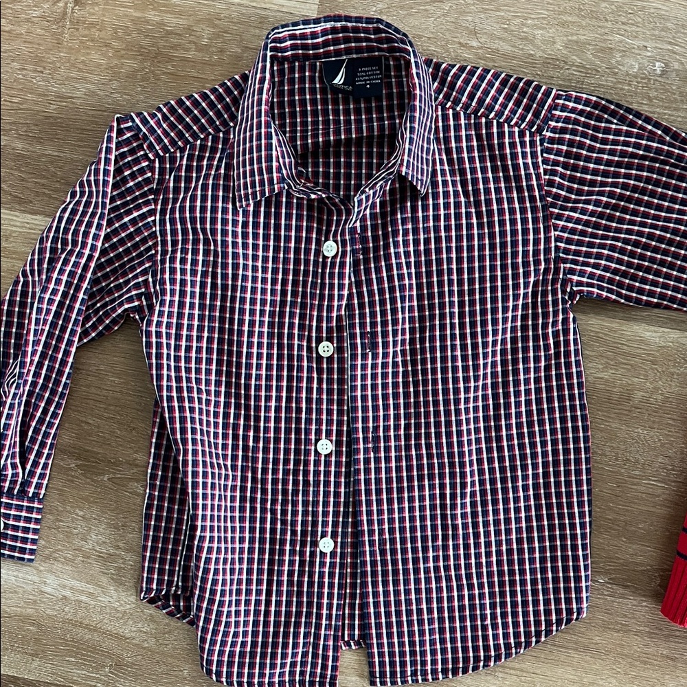 Nautica Red and Navy Striped Sweater with Checkered Shirt - Picture 6 of 7